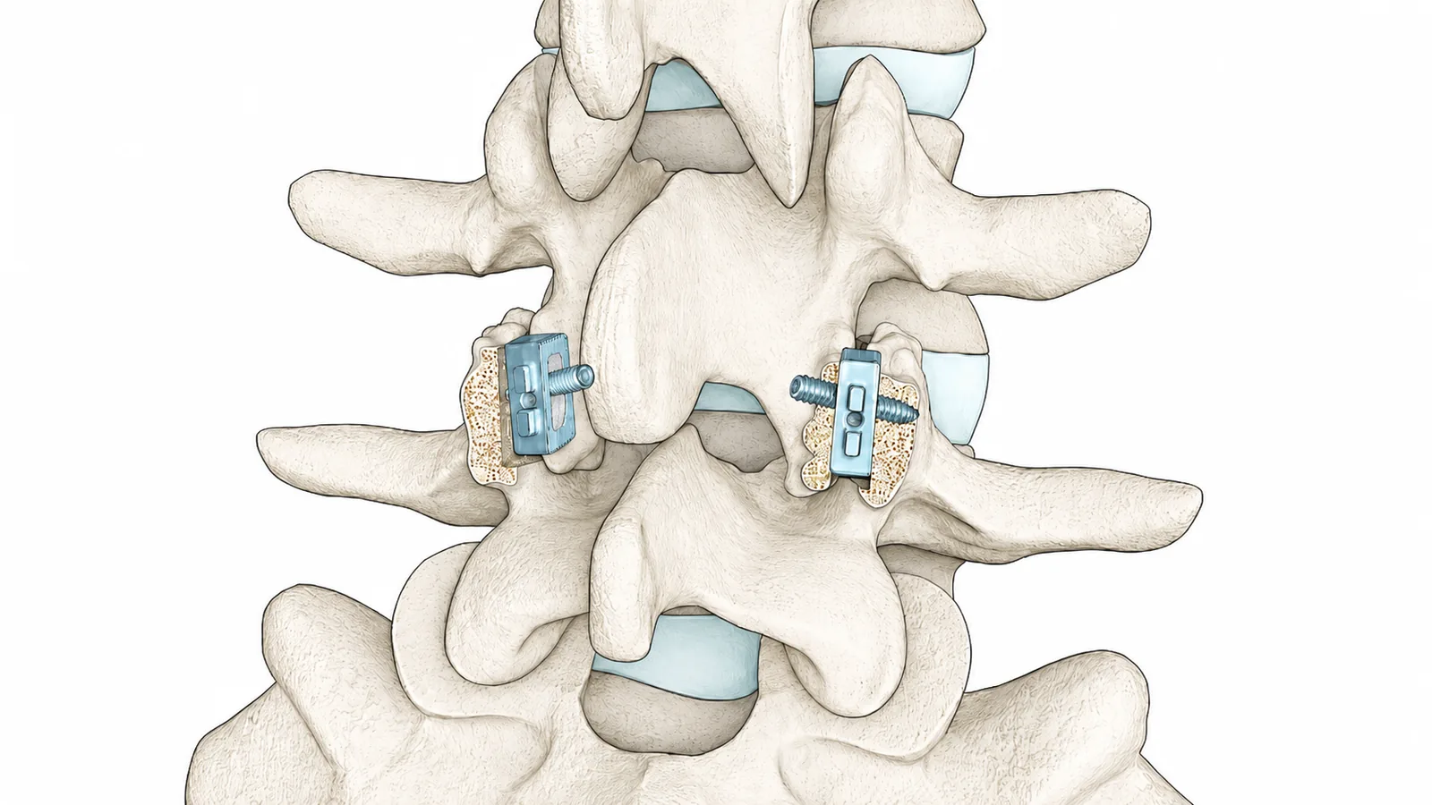 Illustration médicale de l'arthrodèse facettaire et de son dispositif de fixation