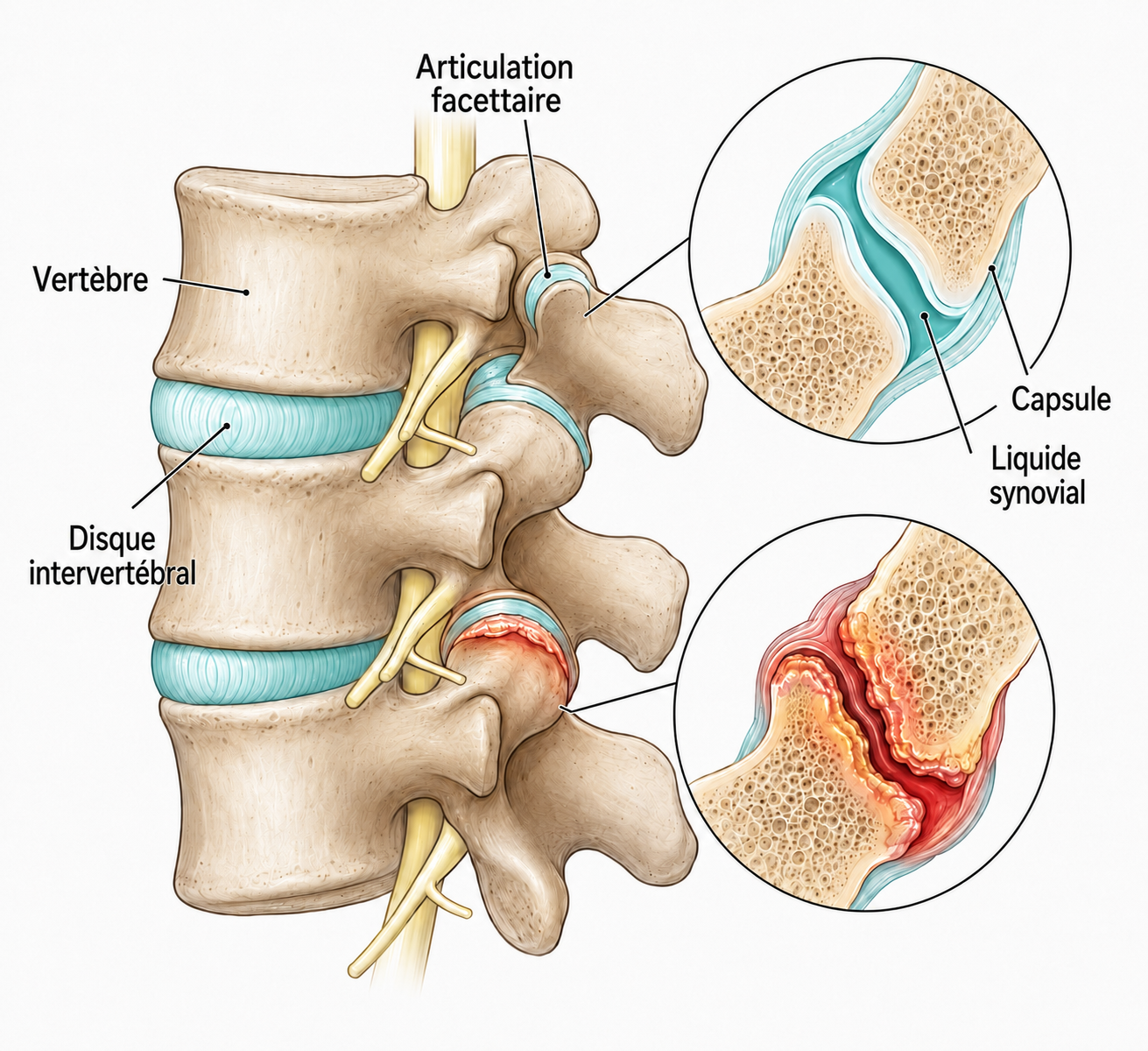 Illustration anatomique des articulations facettaires