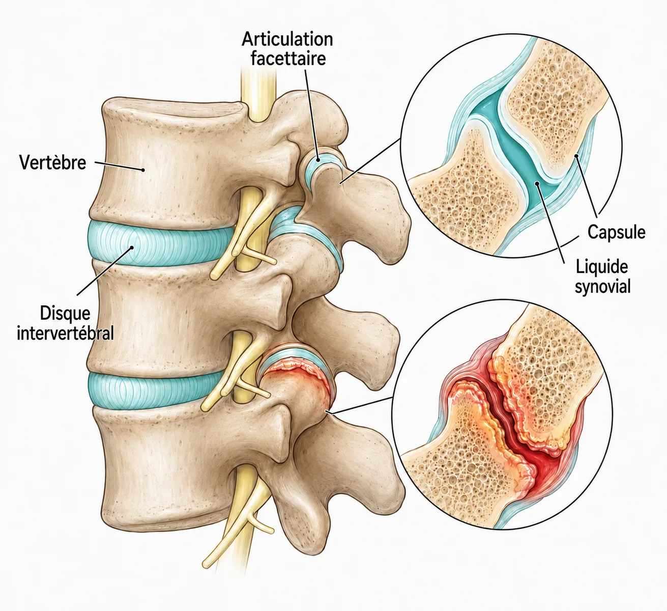 Illustration anatomique des articulations facettaires
